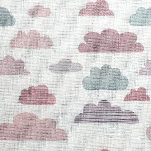 Cloud Dreams Pink - Weißer Leinenstoff, Muster mit Rosa Wolken! - Stoff für Kinder!