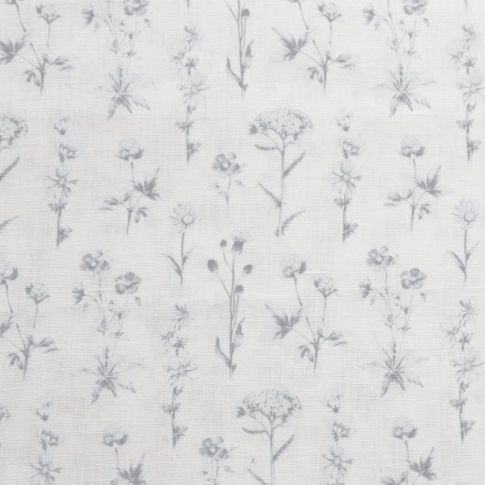 Madelin Greige-WHT - Weißer Leinenstoff, Graues Blumenmuster