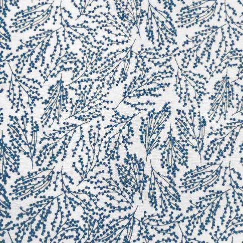 Lisbell Ink -WHT - White linen fabric with Blue botanical print