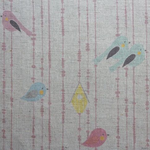Birds Pink - Vorhangstoff, Rosa Perlen mit Vögeln - Stoff für Kinder!