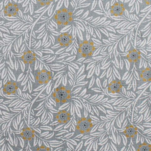 Ruth Dijon- Linen Curtain Fabric - Grey & Dijon Mustard Botanical Pattern