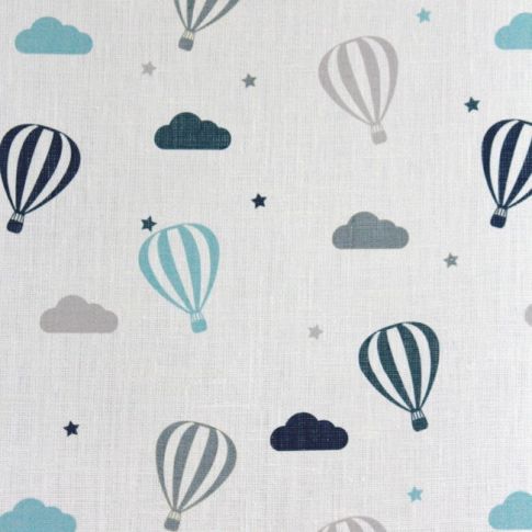 Sky Ride Blue - Weißer Leinenstoff, Blaues Muster mit Heißluftballons - Stoff für Kinder!