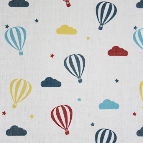 Sky Ride Marine - Weißer Leinenstoff, Blaues / Gelbes / Rotes Muster mit Heißluftballons - Stoff für Kinder!