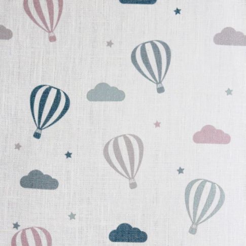 Sky Ride Pink - Weißer Leinenstoff, Rosa / Blaues Muster mit Heißluftballons - Stoff für Kinder!